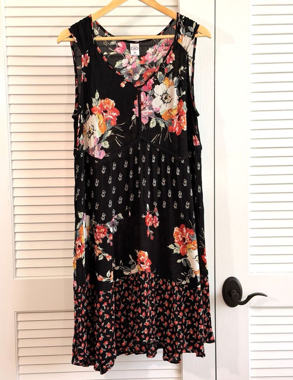 Bila Black Floral Crinkle Rayon Midi Dress Medium Boho Whimsigoth
